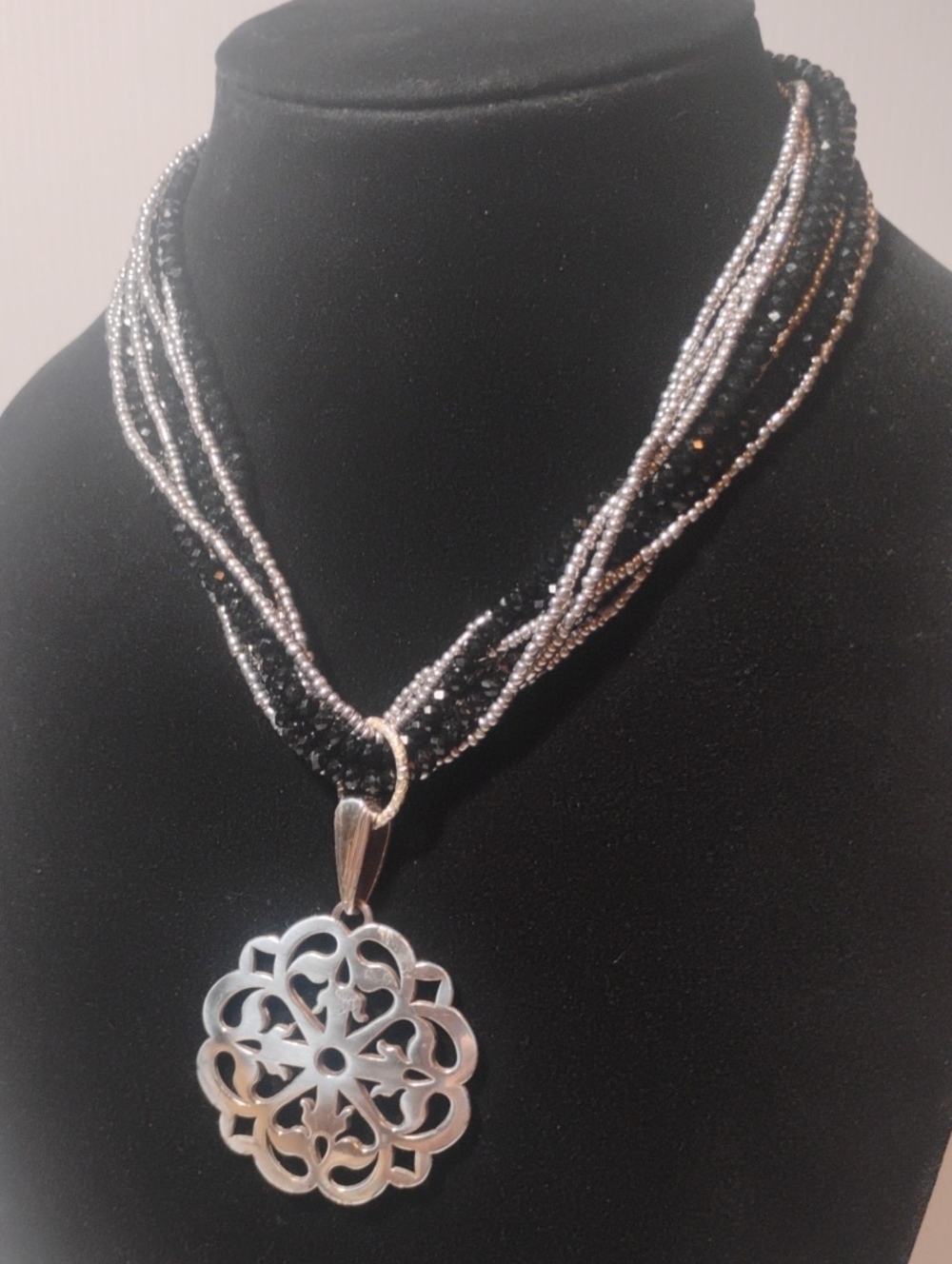 Vintage Black Crystal And Silver Beaded Pendant Necklace